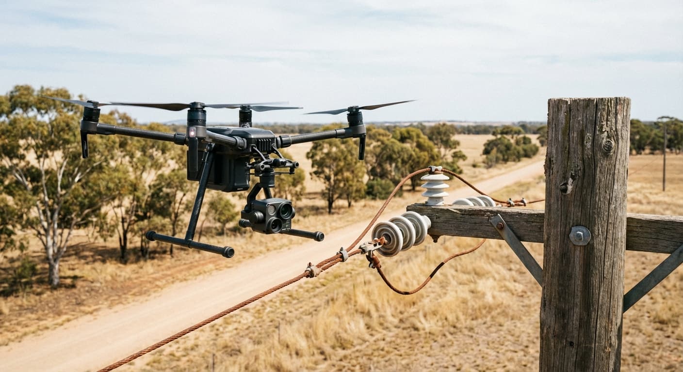 Drone inspecting a power pole and capturing close-up imagery of hardware