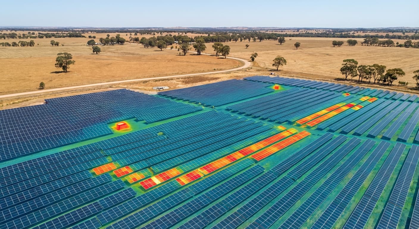 Thermal image of a solar panel array showing hotspots on faulty panels