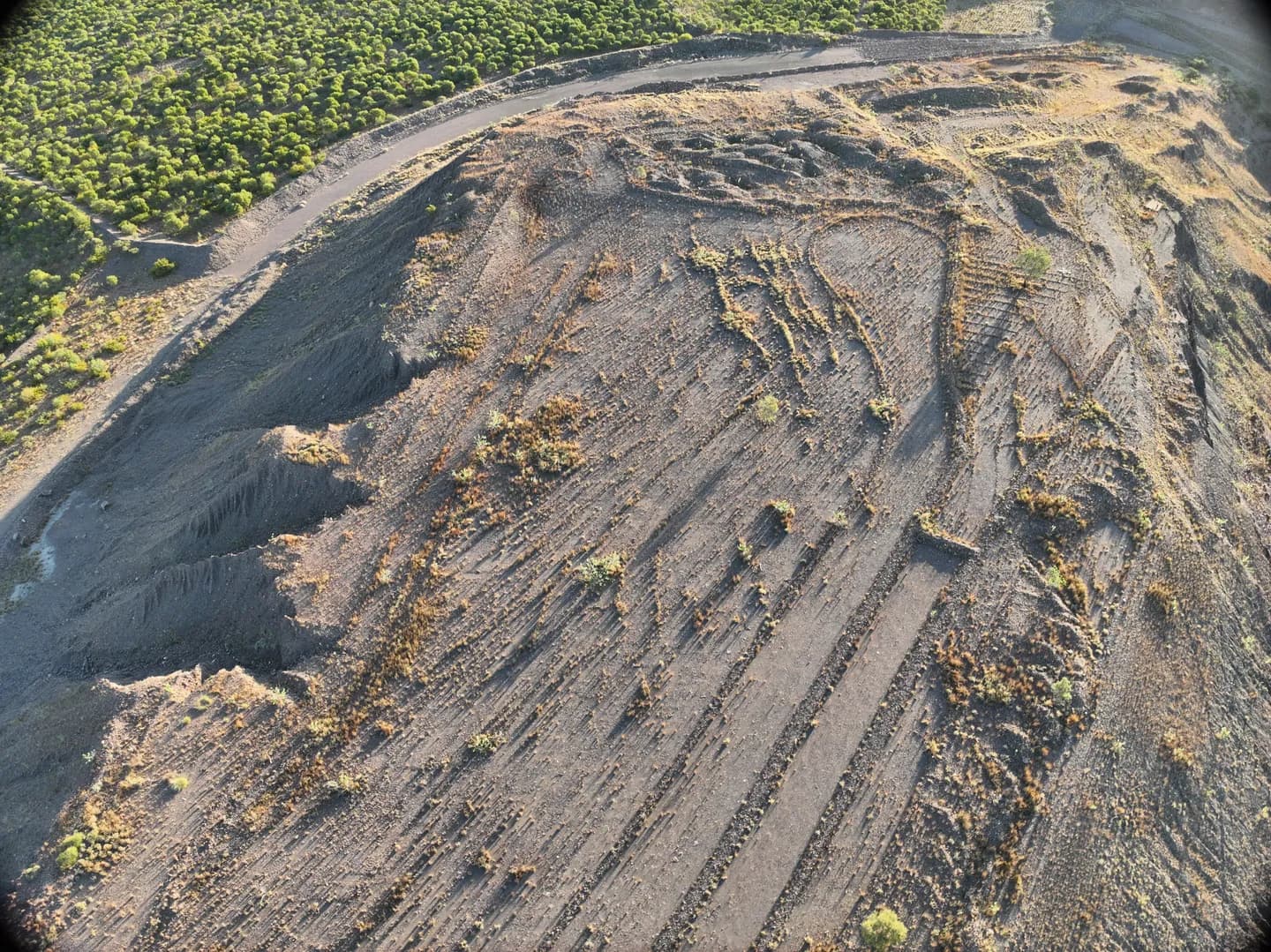 Aerial view of southern Argyle landforms with prepared ground, an access road and surrounding vegetation