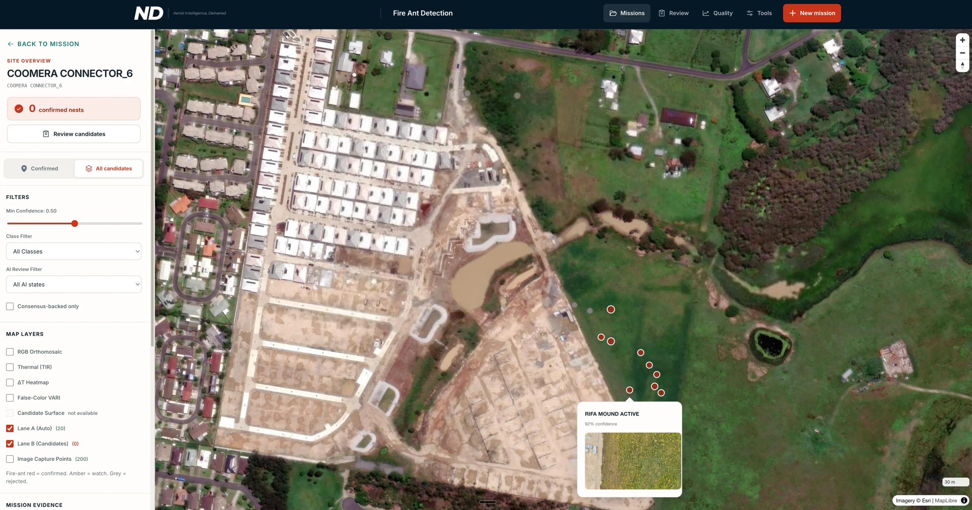 Fire Ant Detection mission overview showing candidate locations on an aerial map and review filters