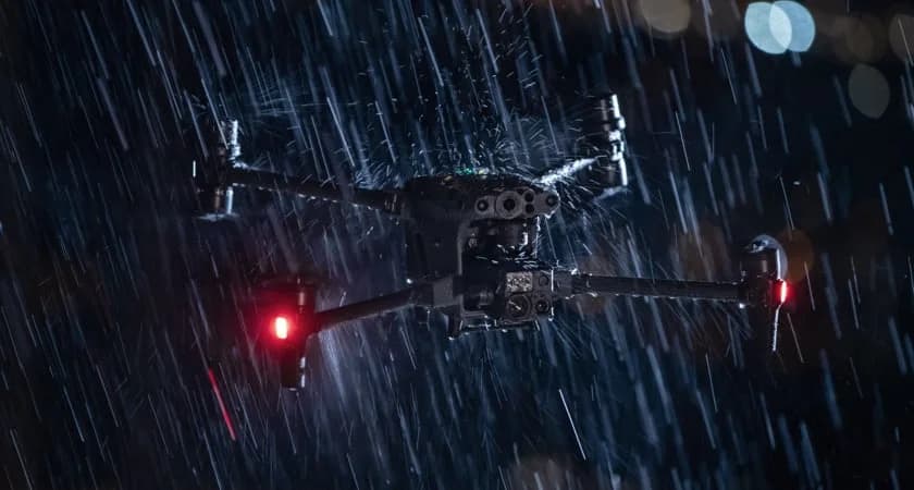 Matrice 30 Series aircraft flying in rain.