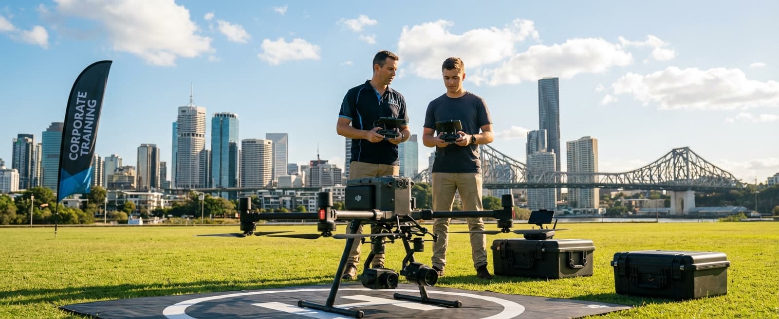 Drone pilot training session at an outdoor field with Brisbane skyline in background