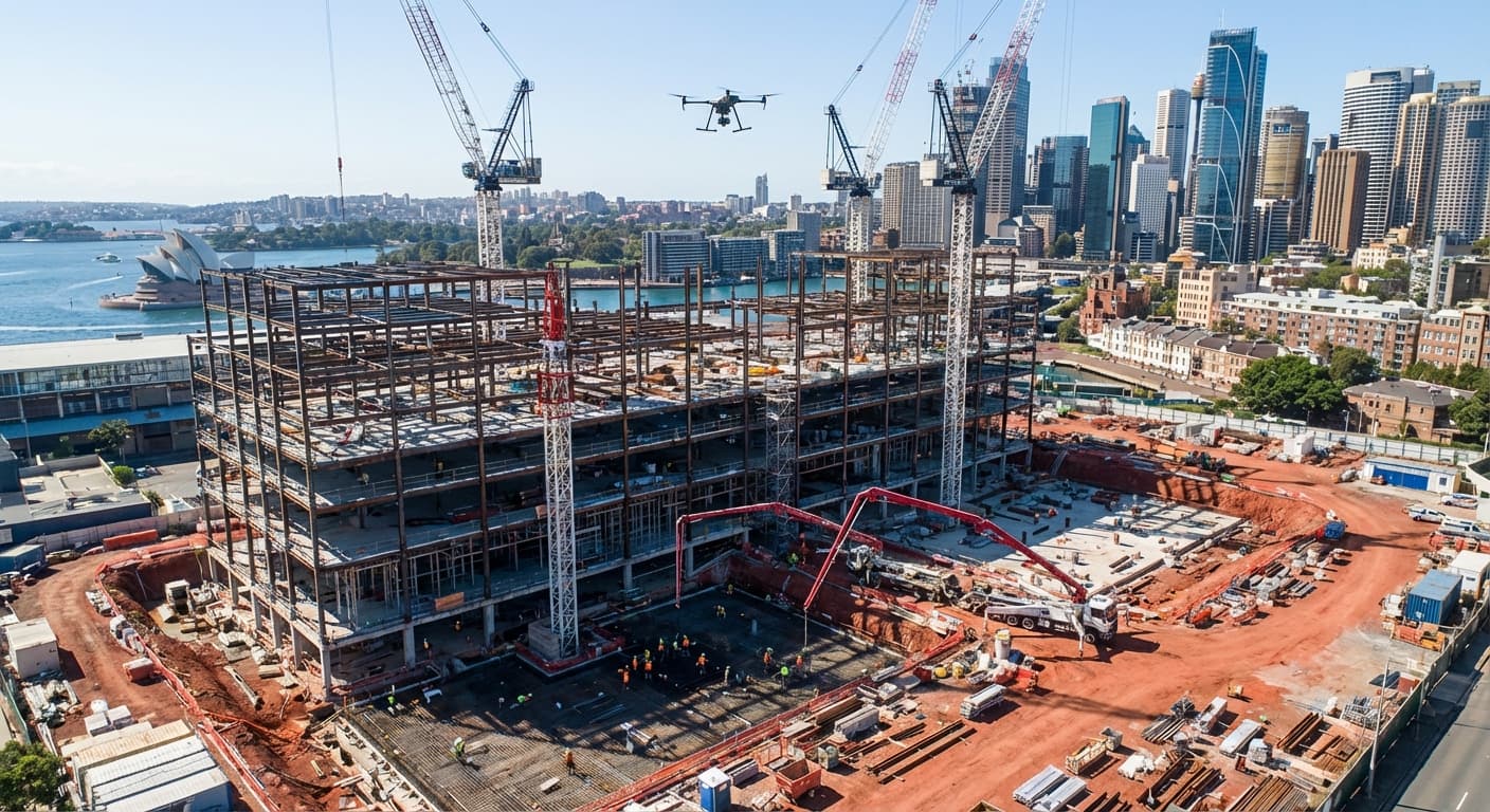 Aerial view of a construction site with cranes and building framework