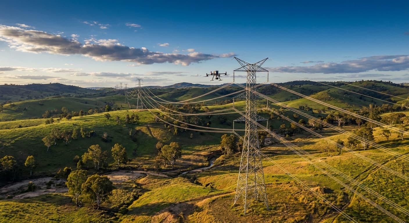 Drone inspecting high-voltage transmission towers and powerlines