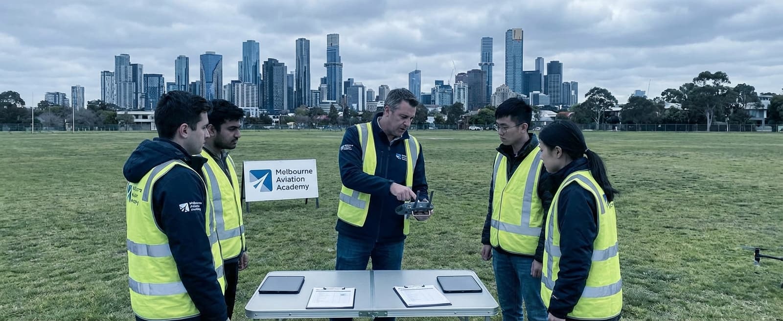 Drone pilot training session in Melbourne with city skyline in background