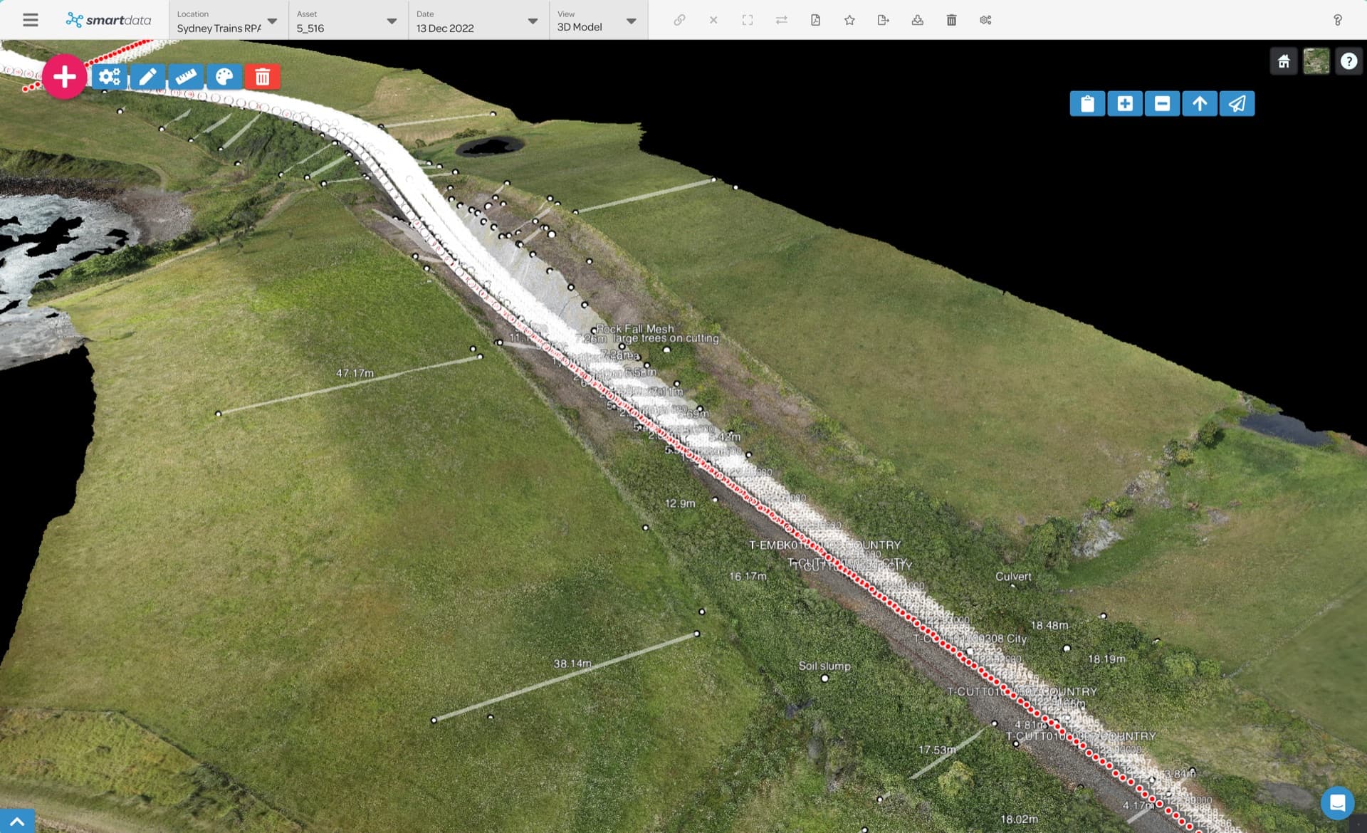 SmartData 3D rail corridor with inspection annotations