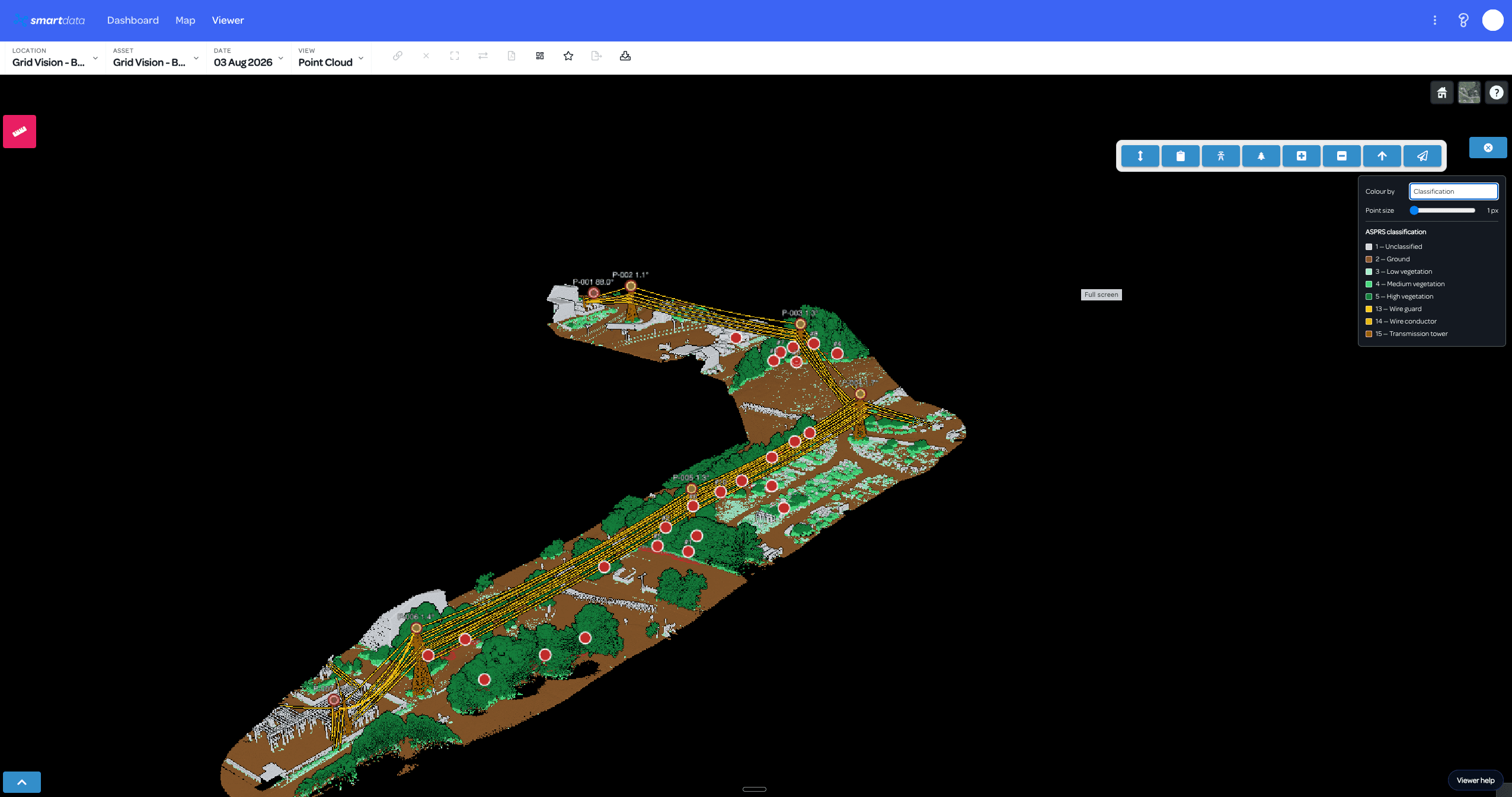 Classified powerline LiDAR corridor separating ground, vegetation, conductors and transmission structures