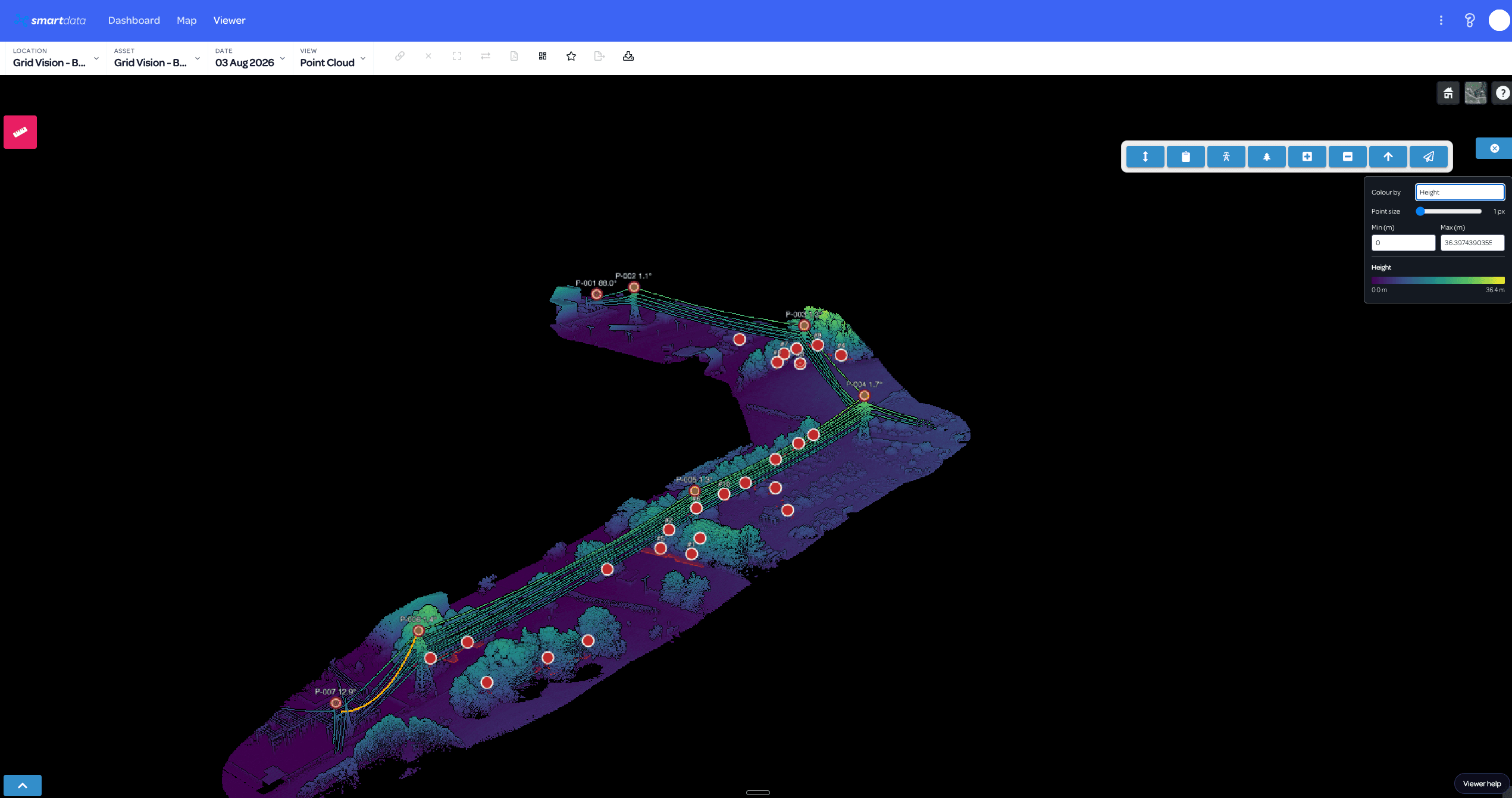 Powerline LiDAR corridor coloured by height with pole locations and lean labels