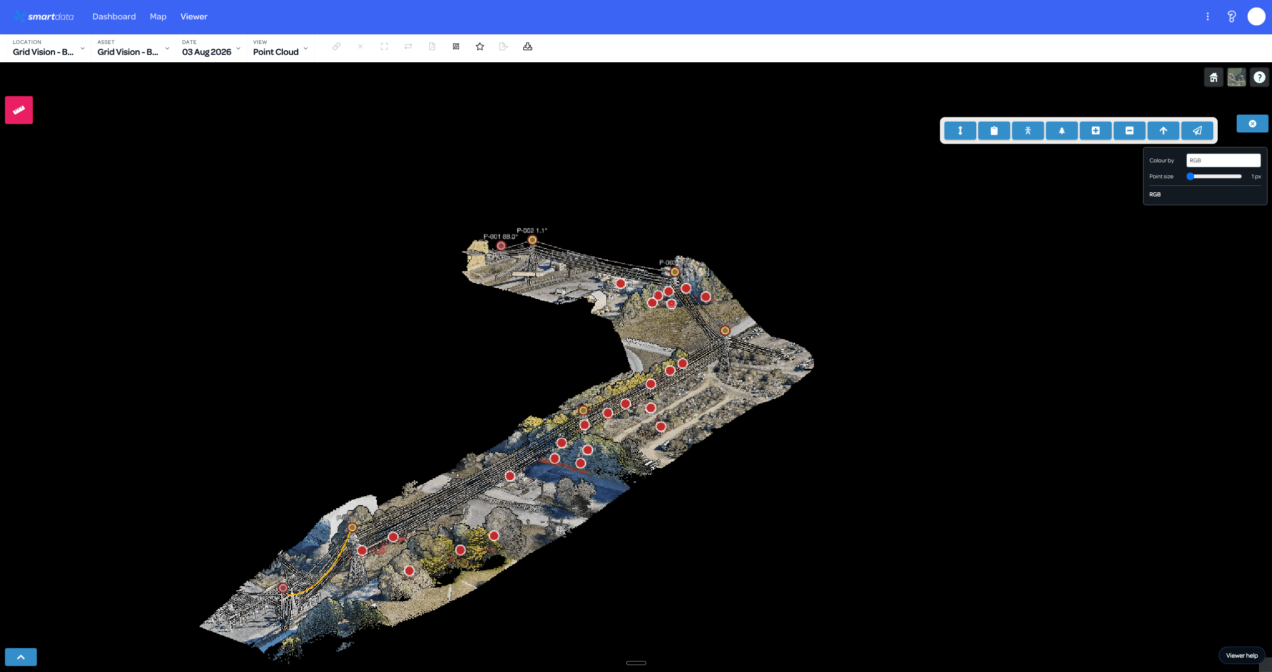 SmartData RGB powerline point cloud with pole locations, lean labels, conductors and analytics markers