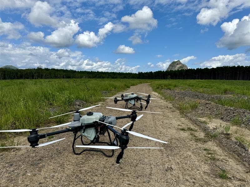 Pair of spraying drones prepared for precision aerial application