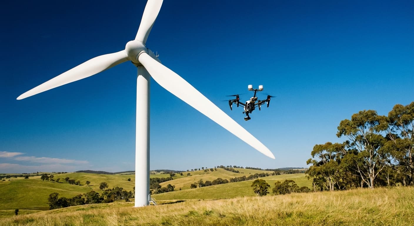 Drone inspecting a wind turbine blade for surface defects