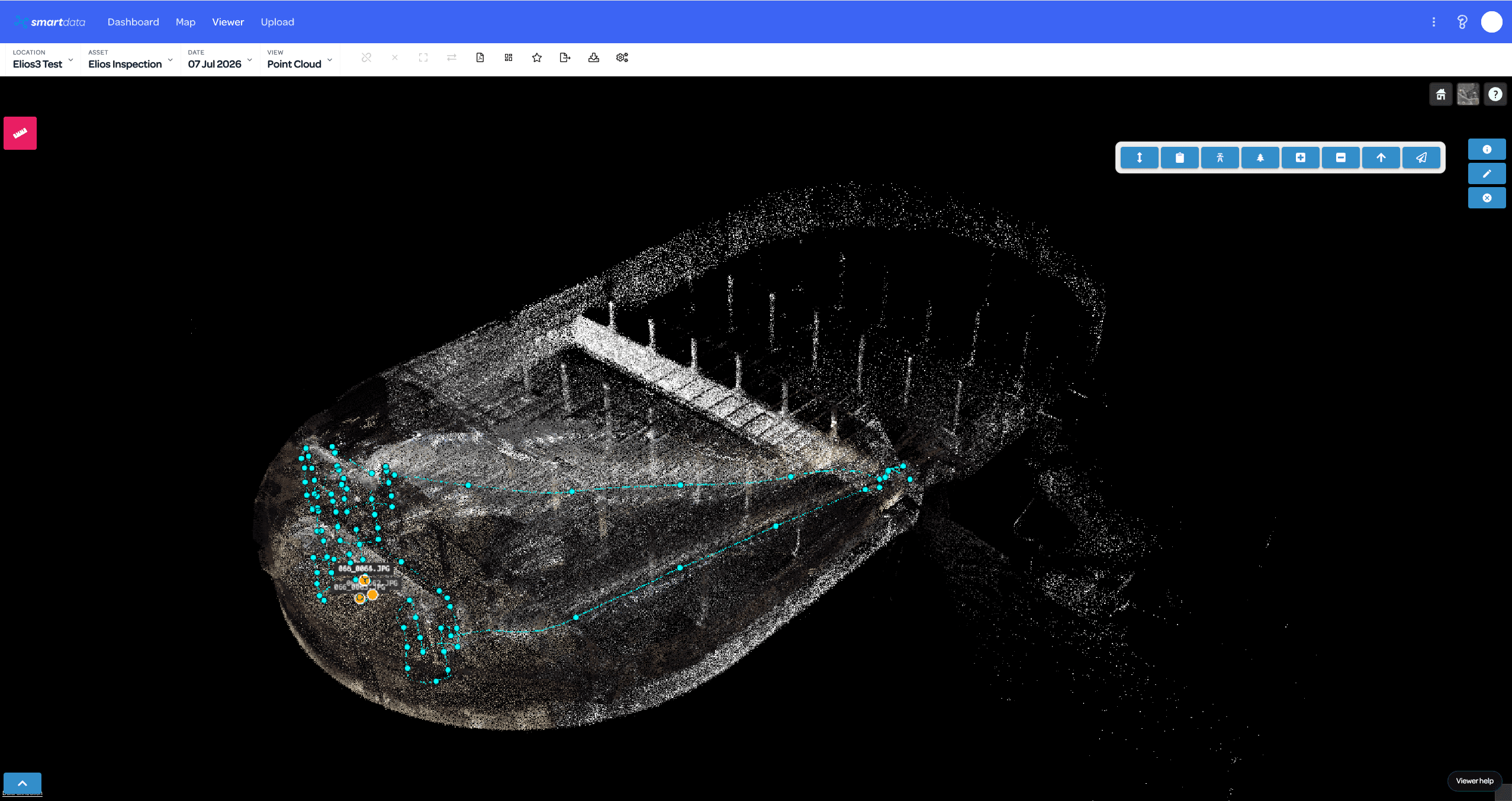 SmartData Elios point cloud viewer showing a confined-space model with flight path and frame markers