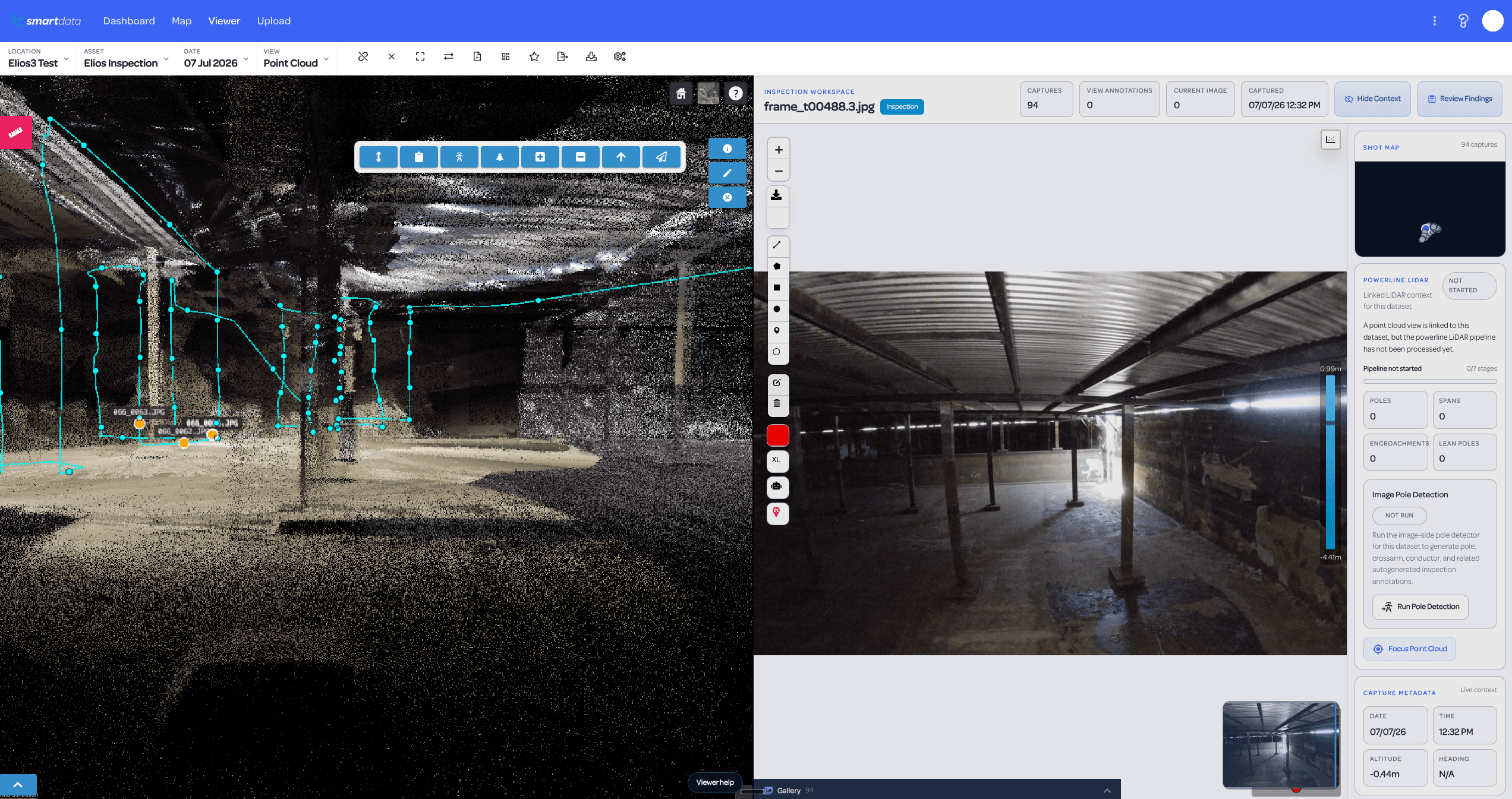 SmartData Elios point cloud with capture markers linked to inspection imagery