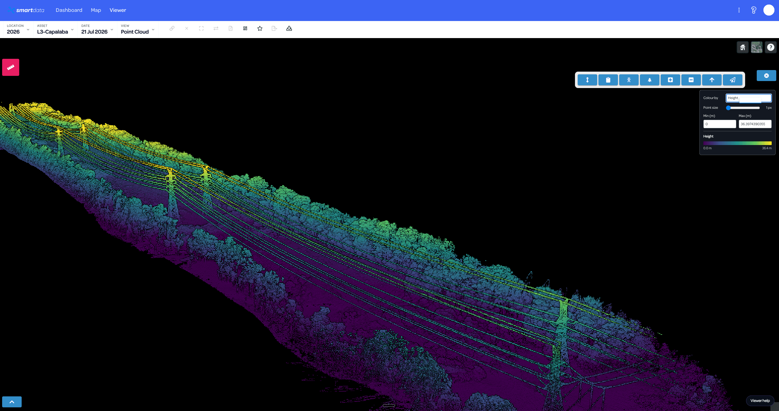 Powerline corridor point cloud coloured by terrain height