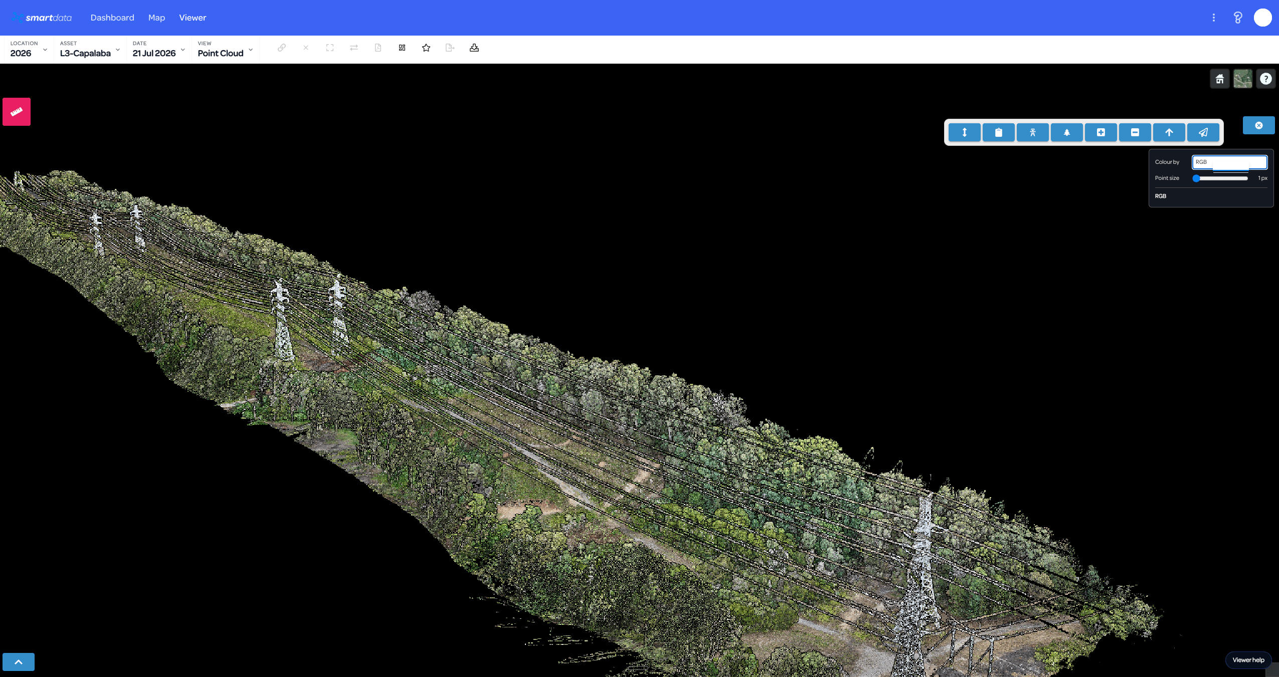 Processed DJI L3 LiDAR point cloud of a transmission corridor in SmartData