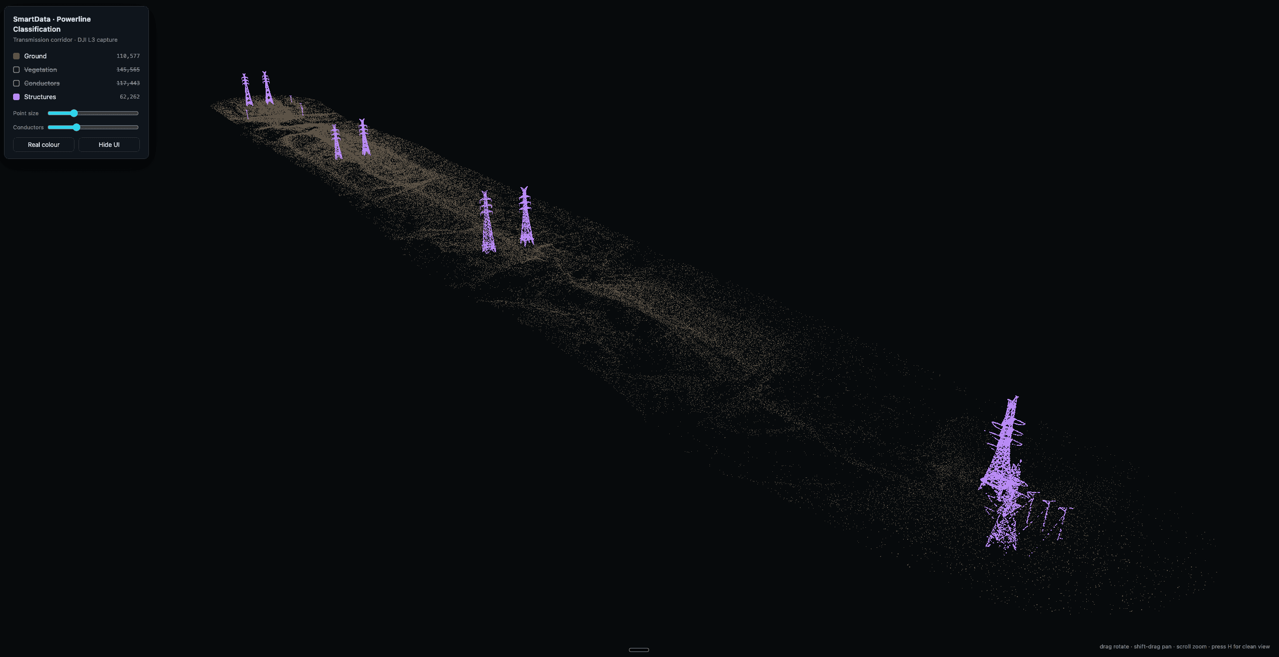 SmartData point cloud with powerline structures isolated from the corridor