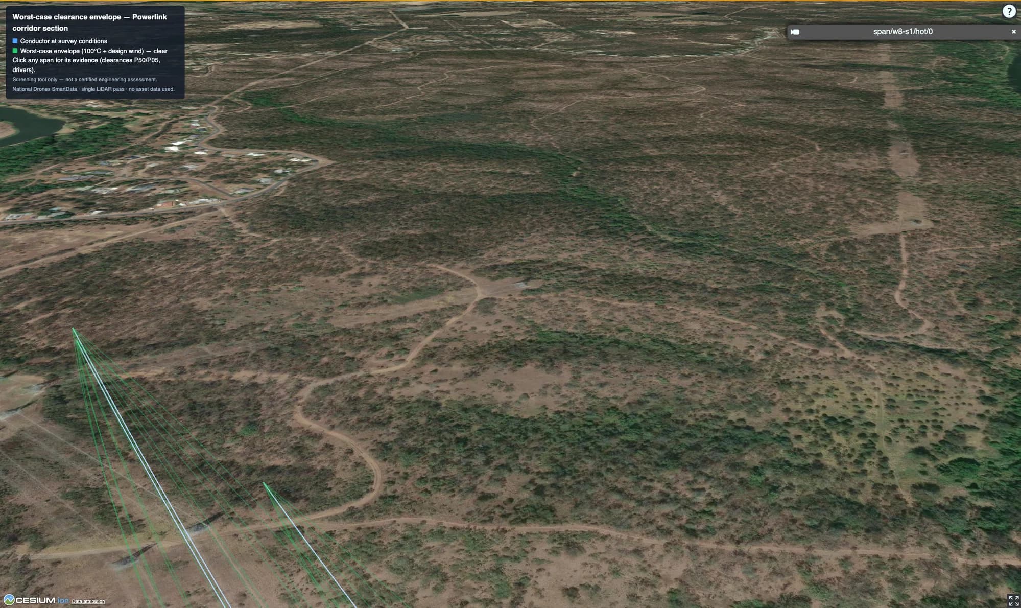 Span-level worst-case conductor clearance evidence over corridor terrain