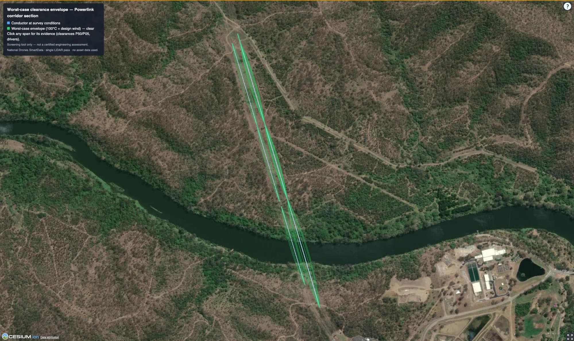 Top-down view of a worst-case transmission line clearance envelope