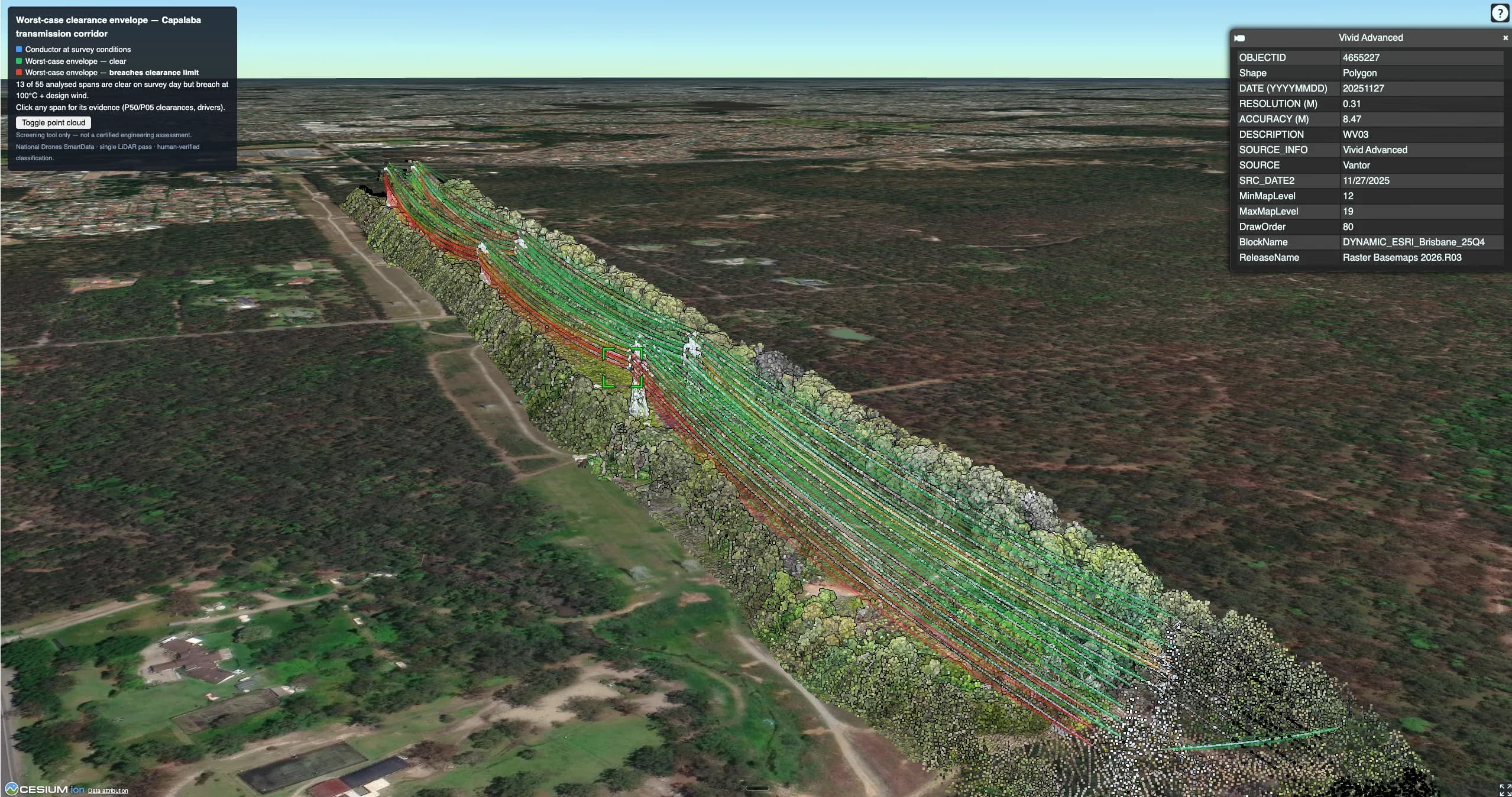 Worst-case clearance screening across a LiDAR transmission corridor in terrain context