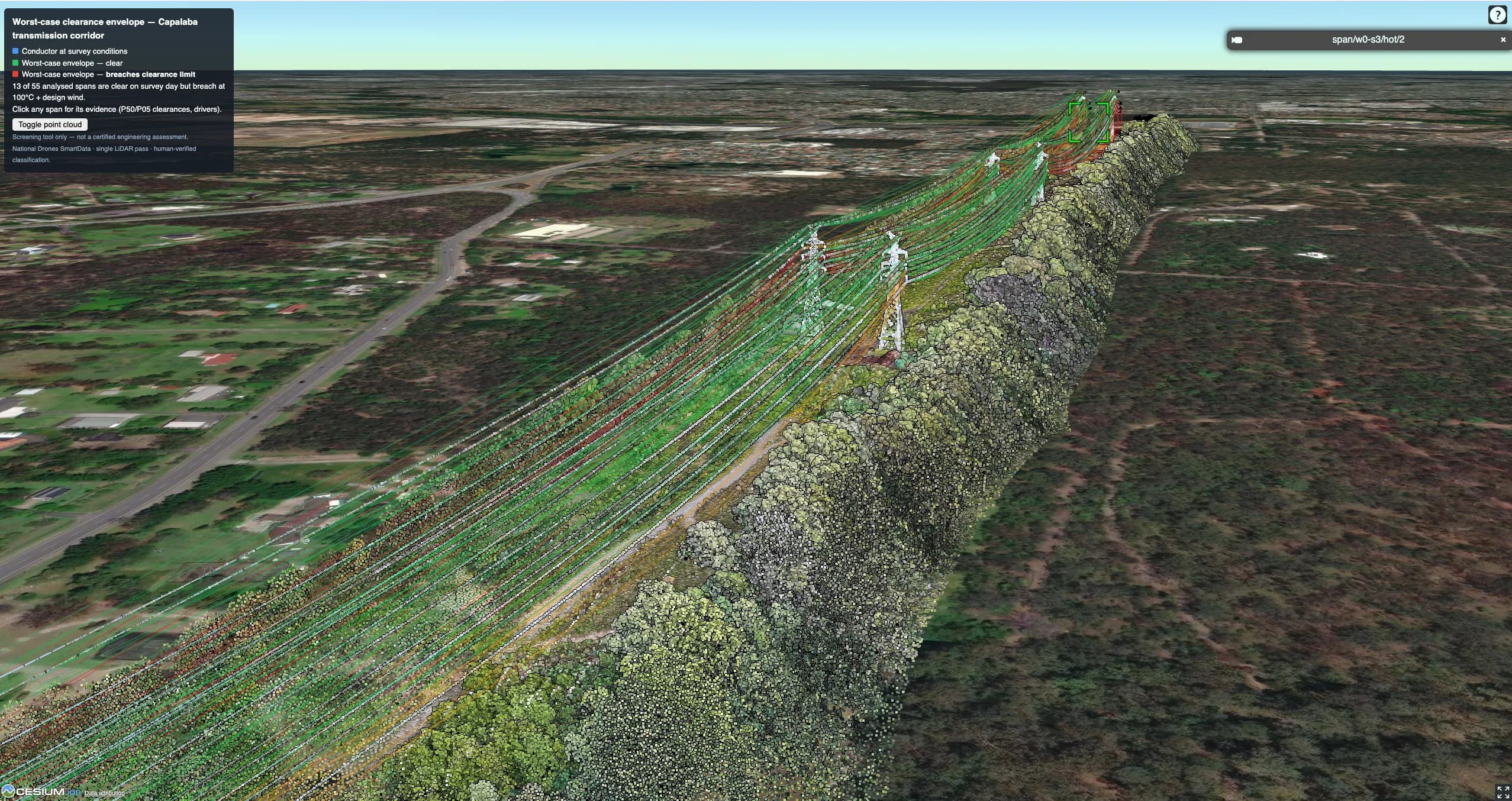 LiDAR clearance screening along a powerline corridor
