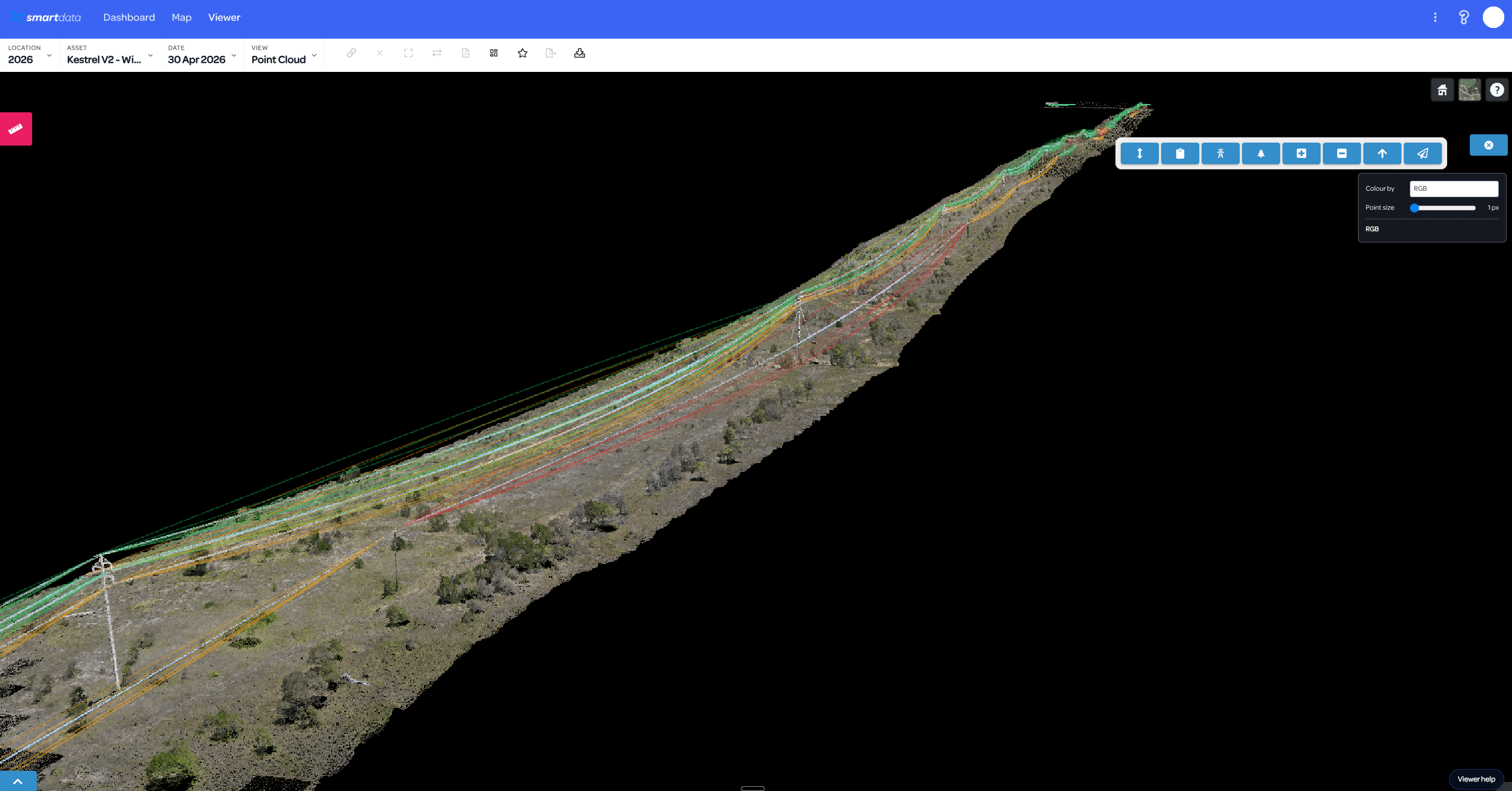 LiDAR powerline corridor with conductor and clearance-analysis overlays