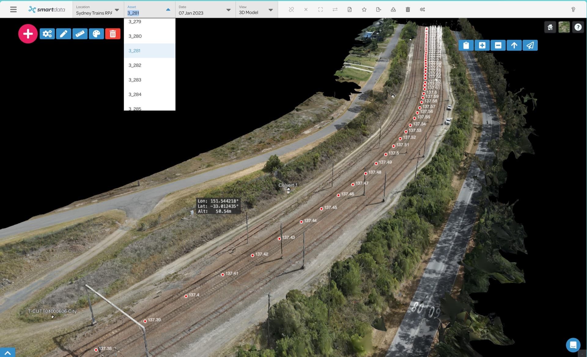 Measured rail corridor model used for construction verification