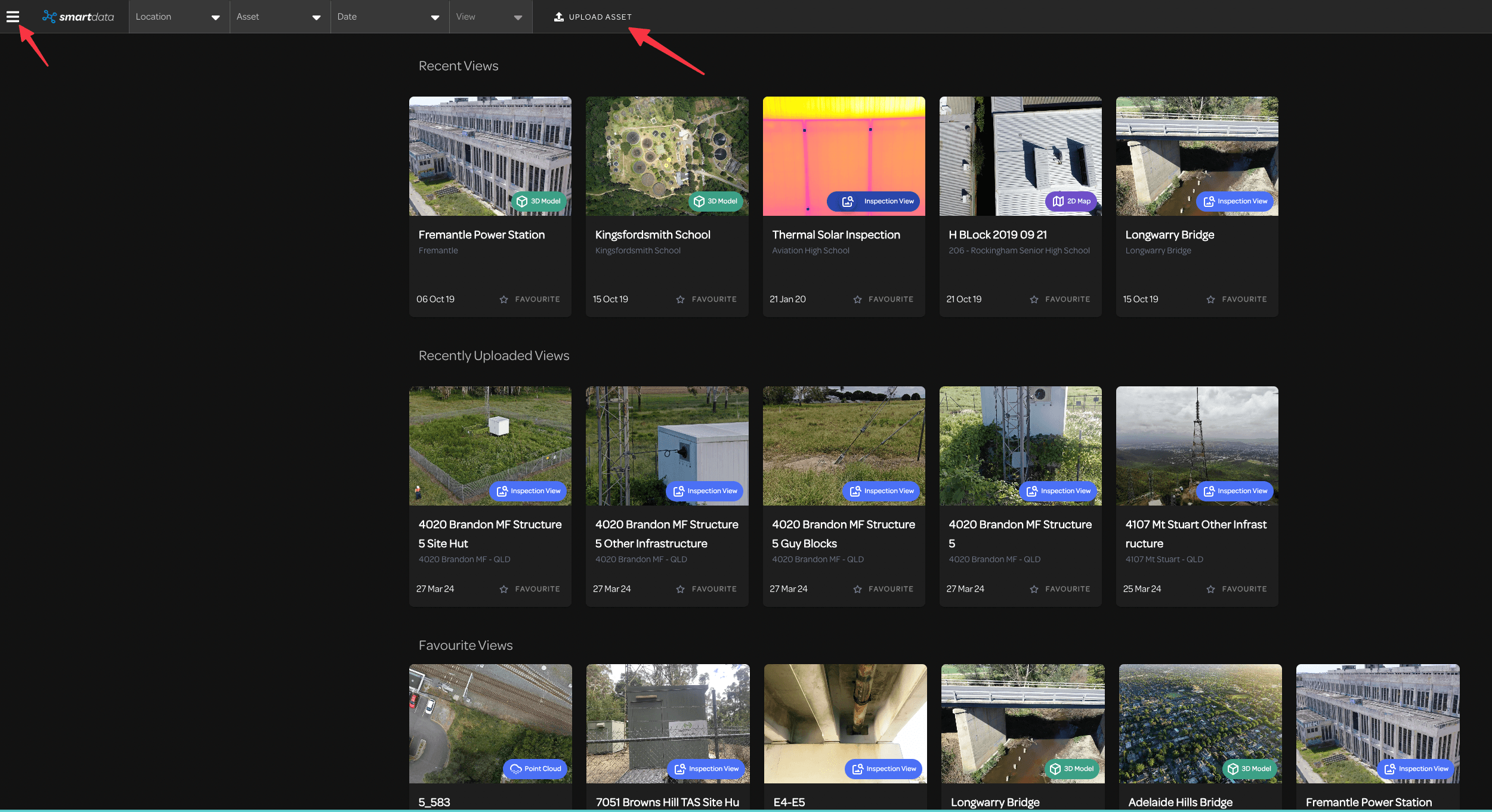 SmartData cloud dashboard showing inspection and mapping projects