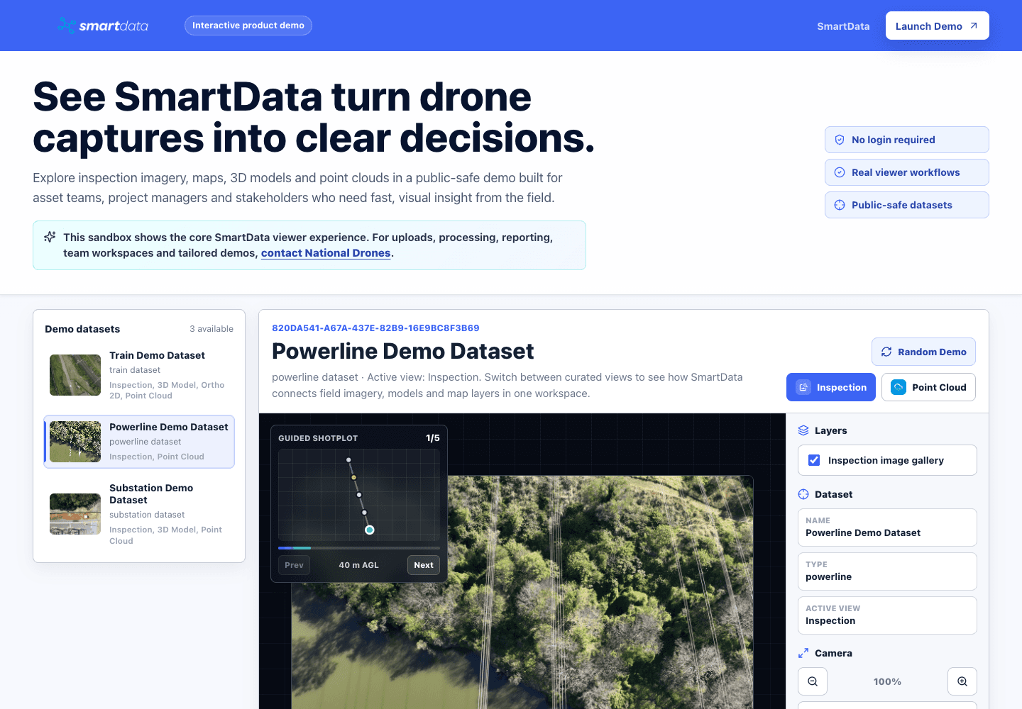 SmartData public demo showing inspection imagery, dataset controls, and viewer tools