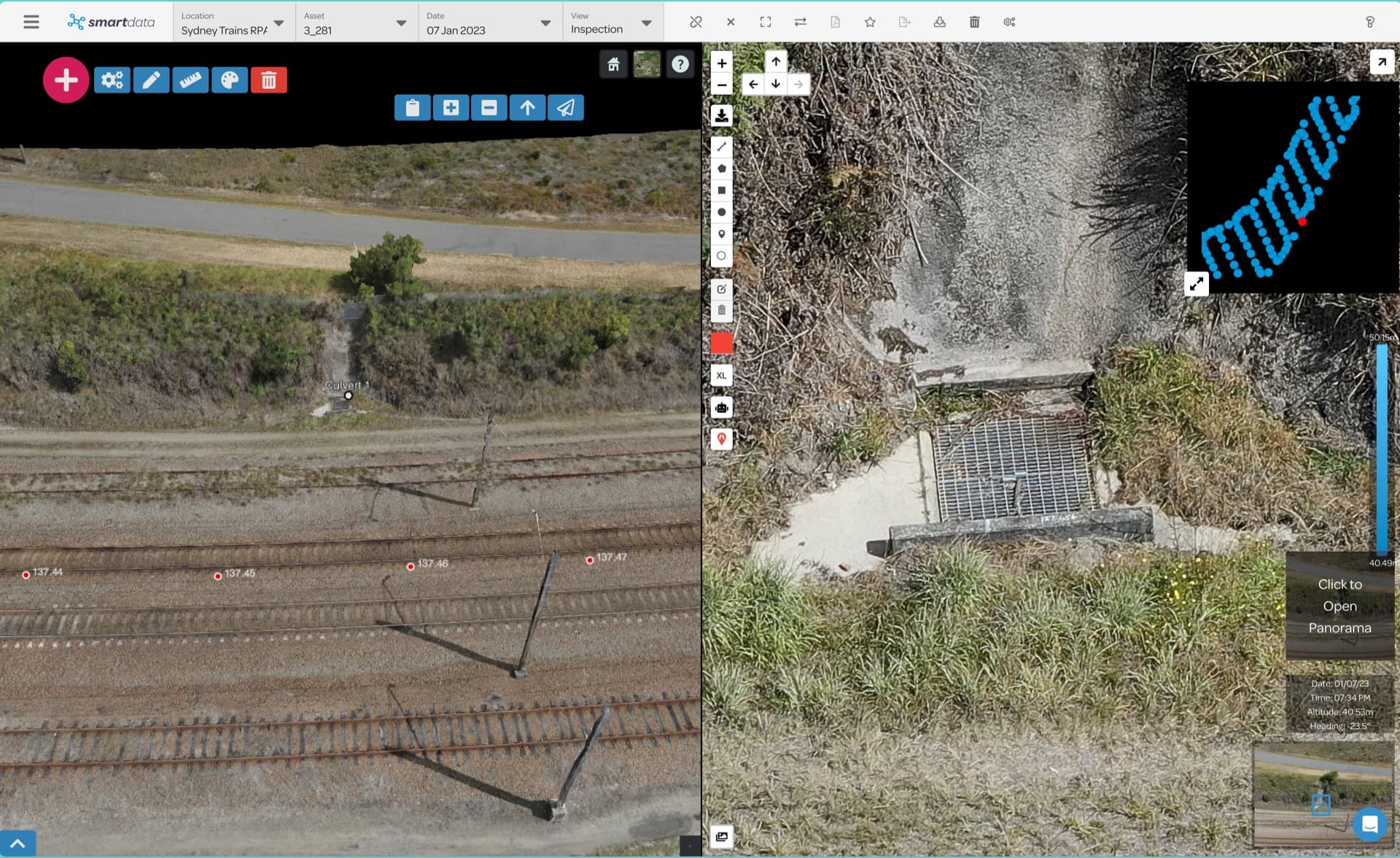 SmartData split view showing a rail corridor and a close-up culvert inspection photograph