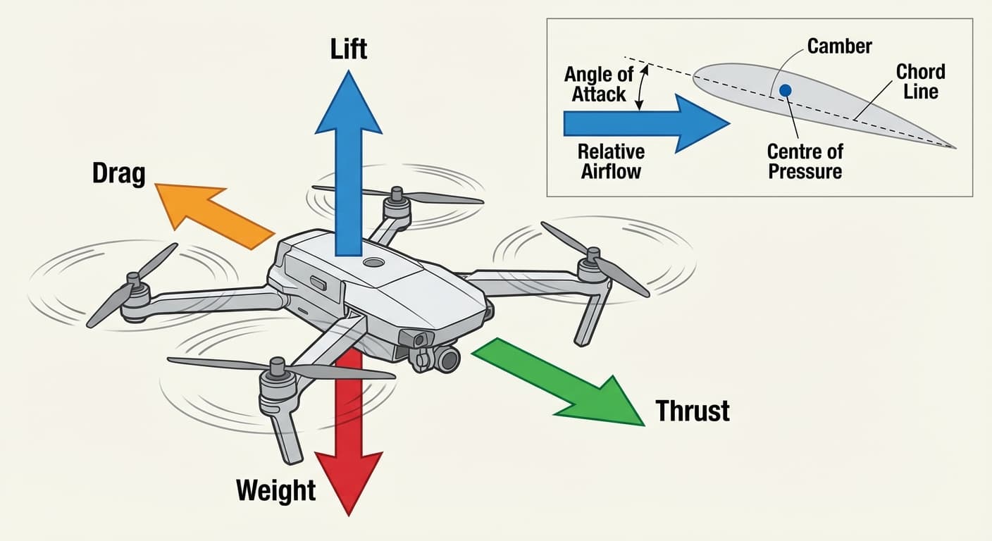 Aerofoil and relative airflow diagram showing lift and angle of attack
