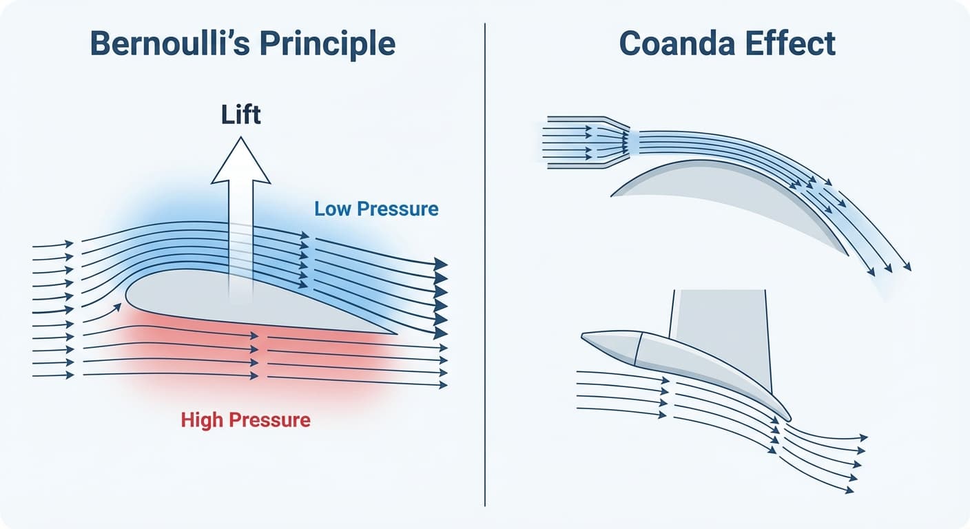 Diagram explaining Bernoulli and Coanda effects over an aerofoil