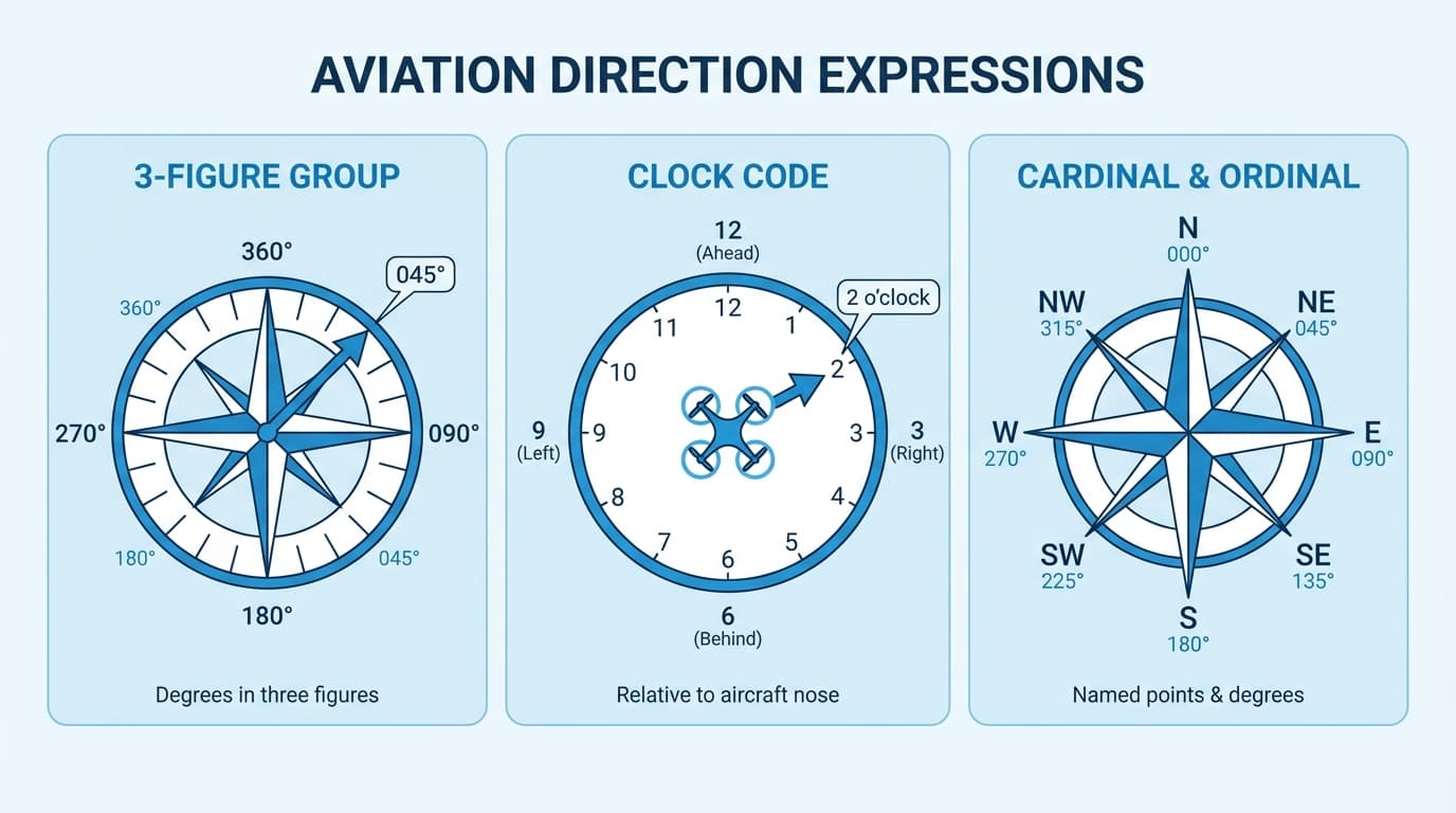 Compass rose showing cardinal, ordinal and three figure directions