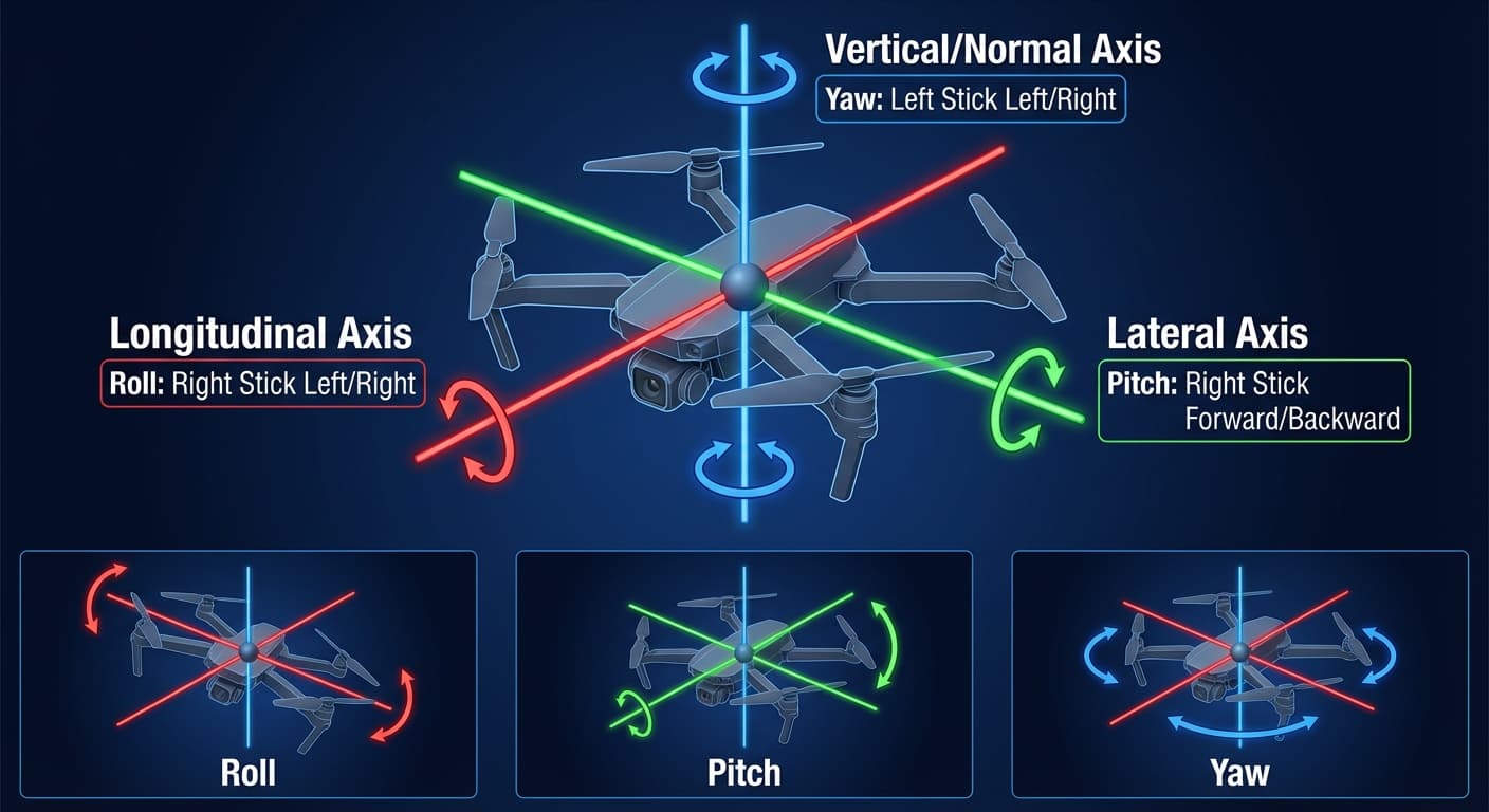 Flight axes diagram for roll pitch and yaw