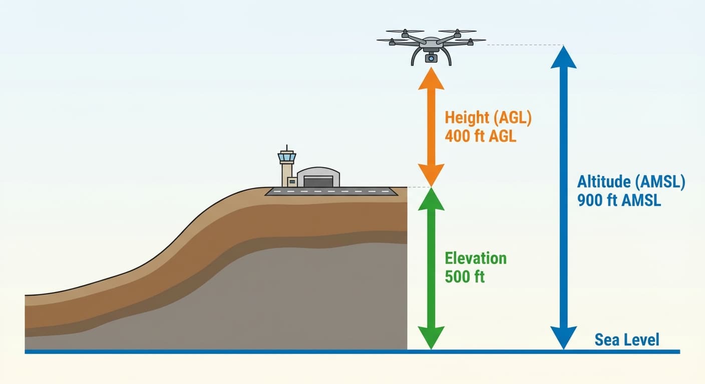 Diagram comparing height, altitude and elevation against ground and mean sea level