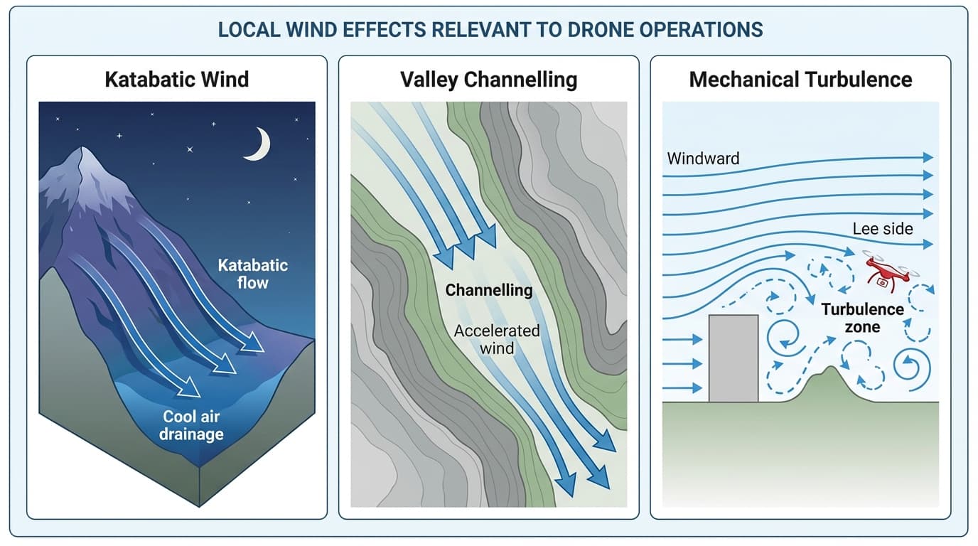 Local wind effects including katabatic wind, valley channelling and mechanical turbulence