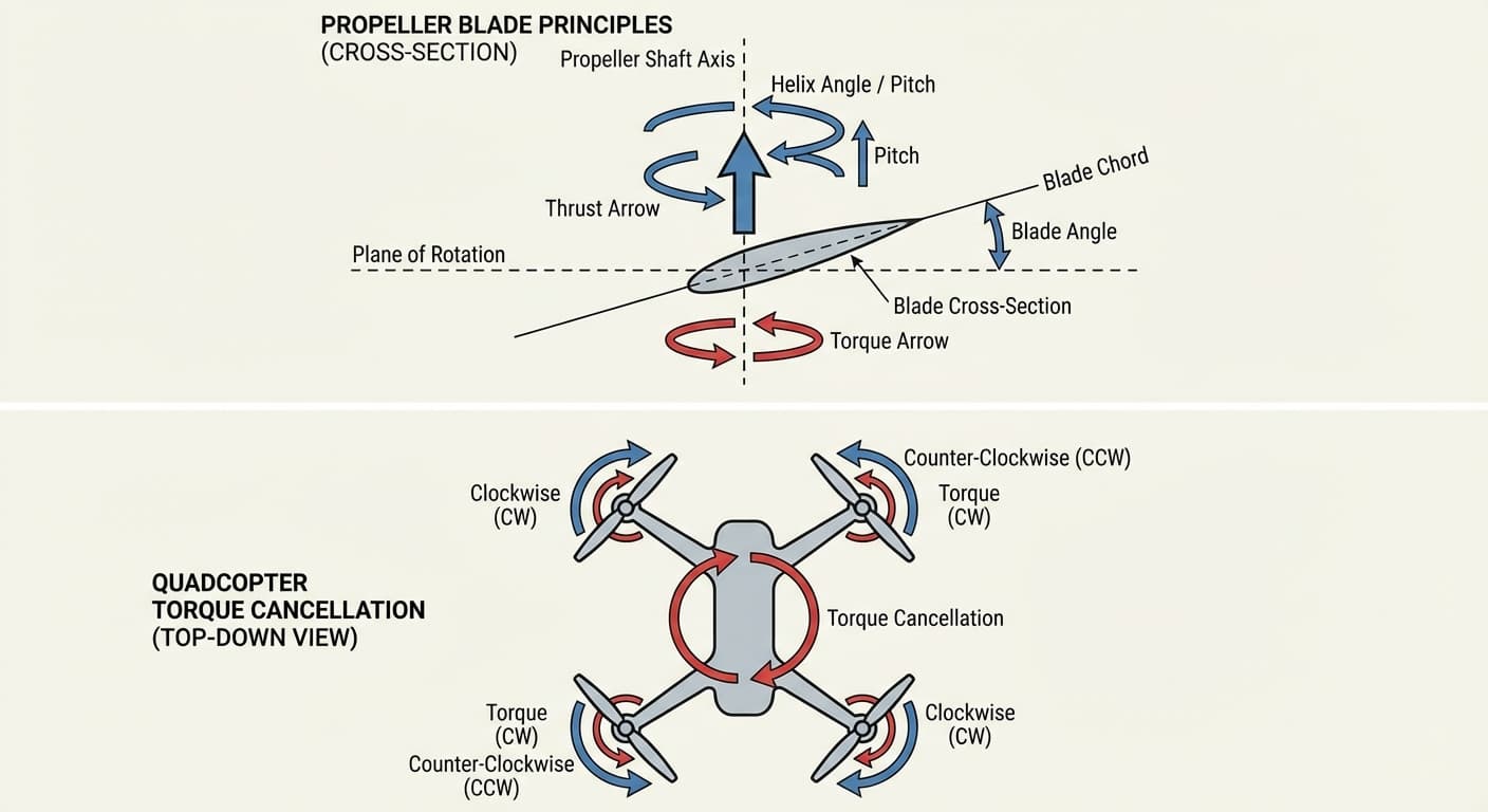 Propeller diagram showing blade angle, pitch and thrust