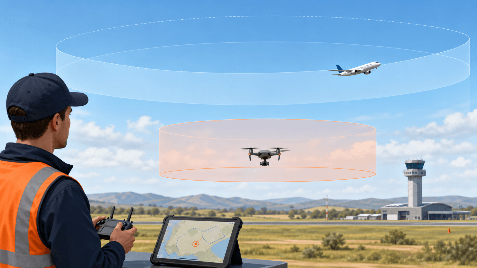 Remote pilot training illustration with conceptual airspace layers near an aerodrome