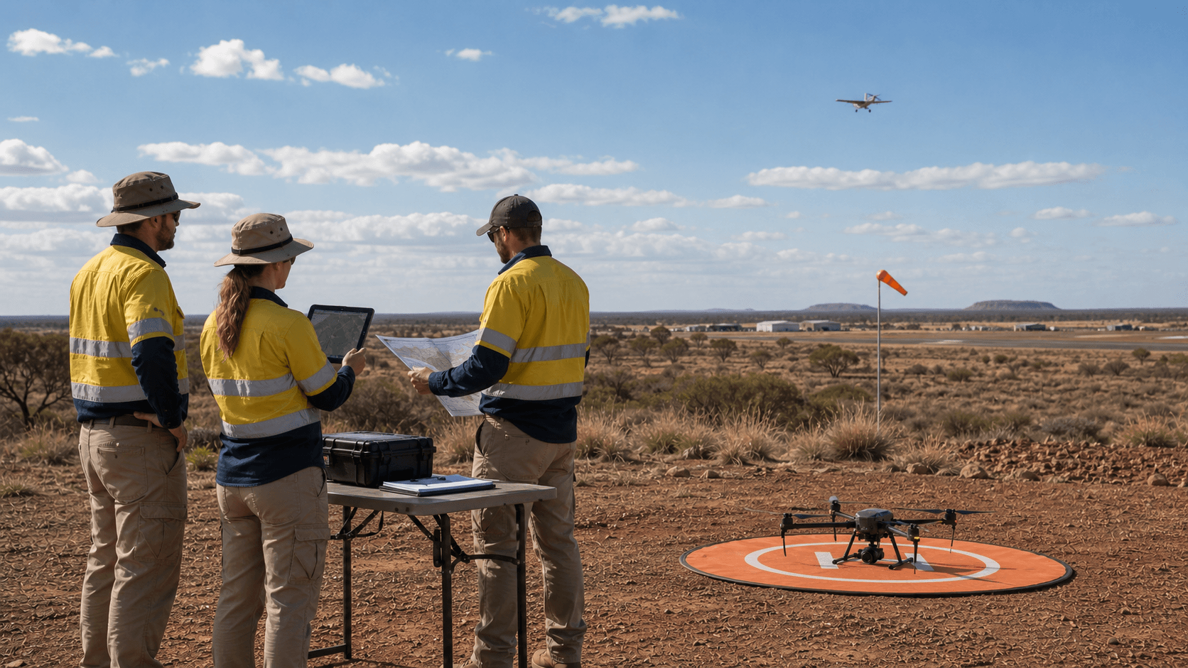 Remote pilot crew reviewing aerodrome traffic while a drone remains grounded near a distant runway