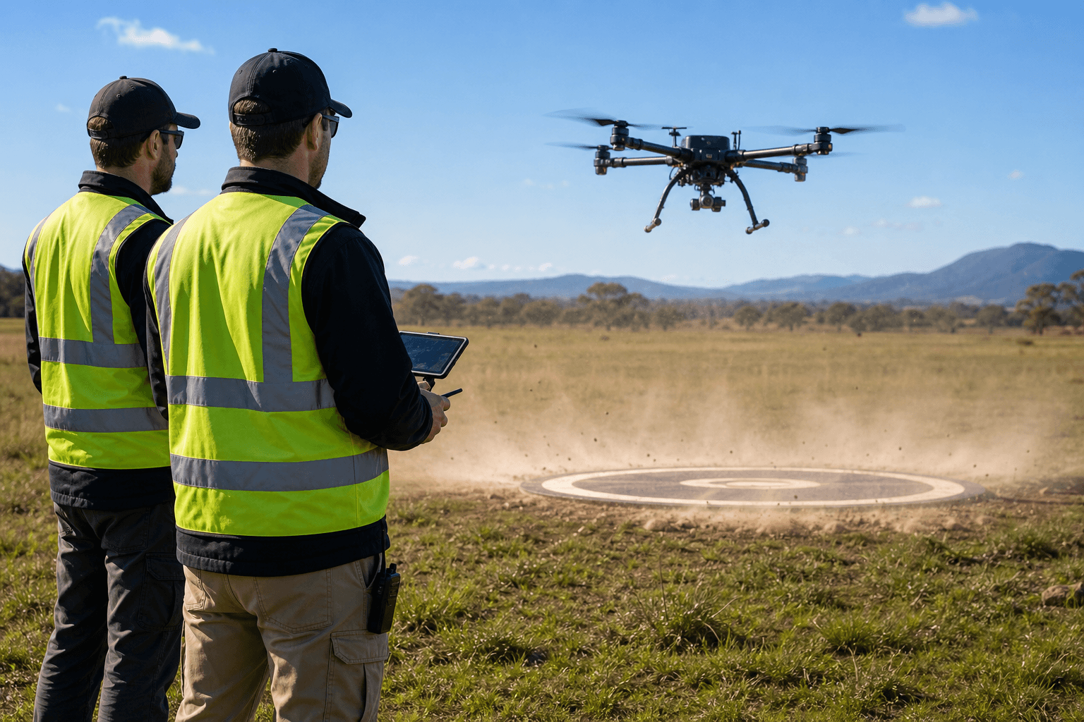 Remote pilot crew watching a multirotor descend near a landing pad with visible rotor wash close to the ground