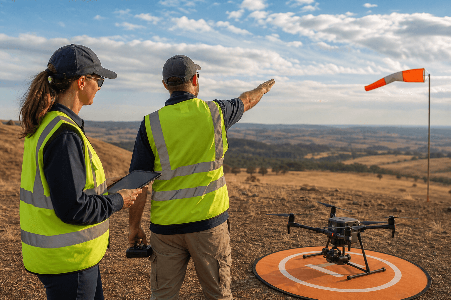 Remote pilot crew planning a multirotor operation in open rural terrain with wind and heat conditions