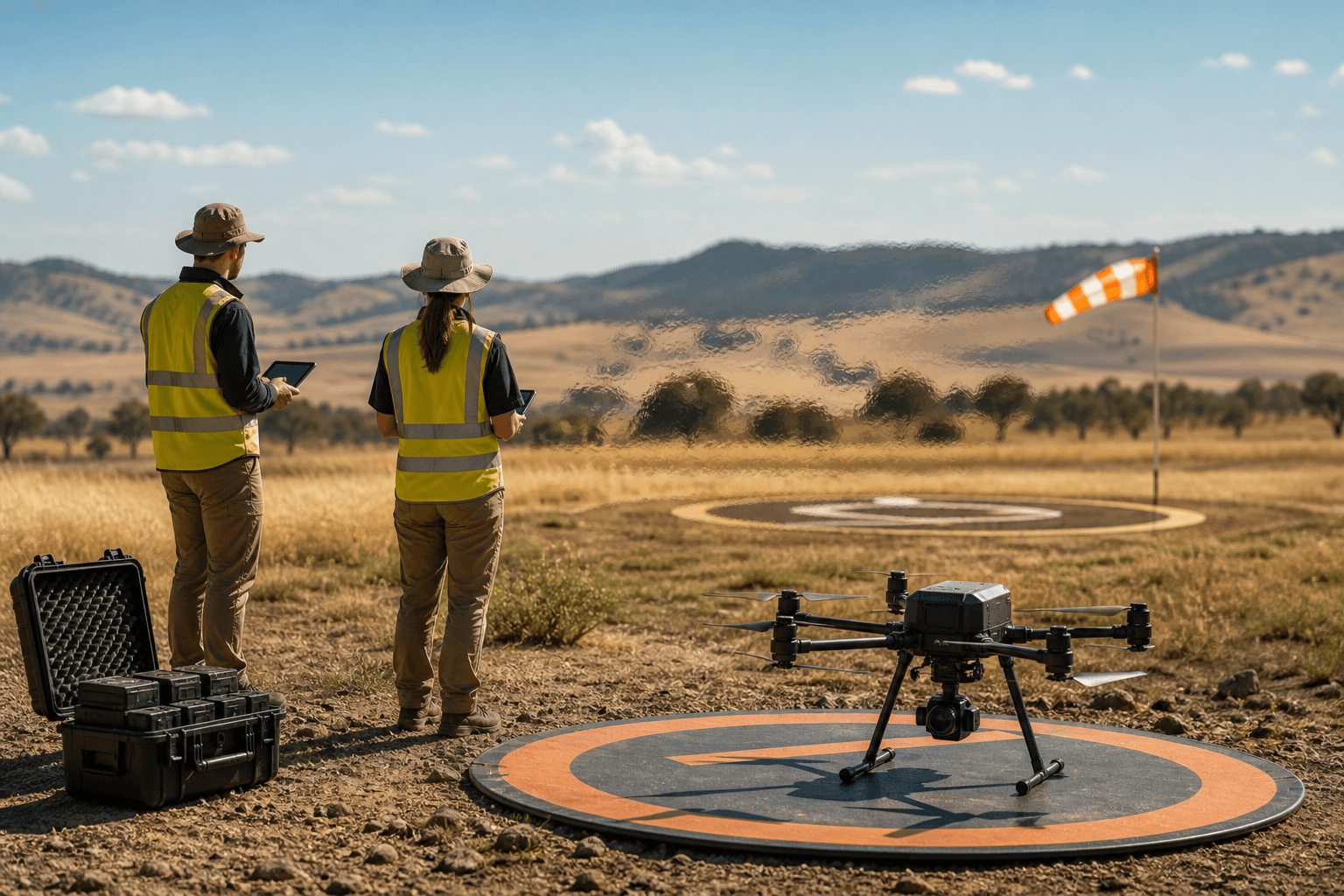Remote pilot crew assessing multirotor performance margin in hot and windy open terrain
