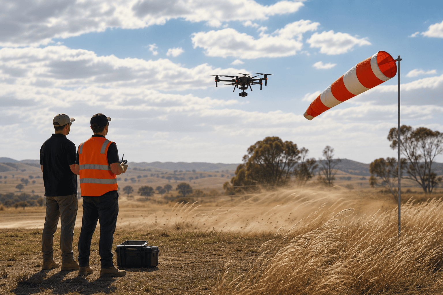 Remote pilot crew monitoring a multirotor operation with visible windsock and gust movement in open terrain