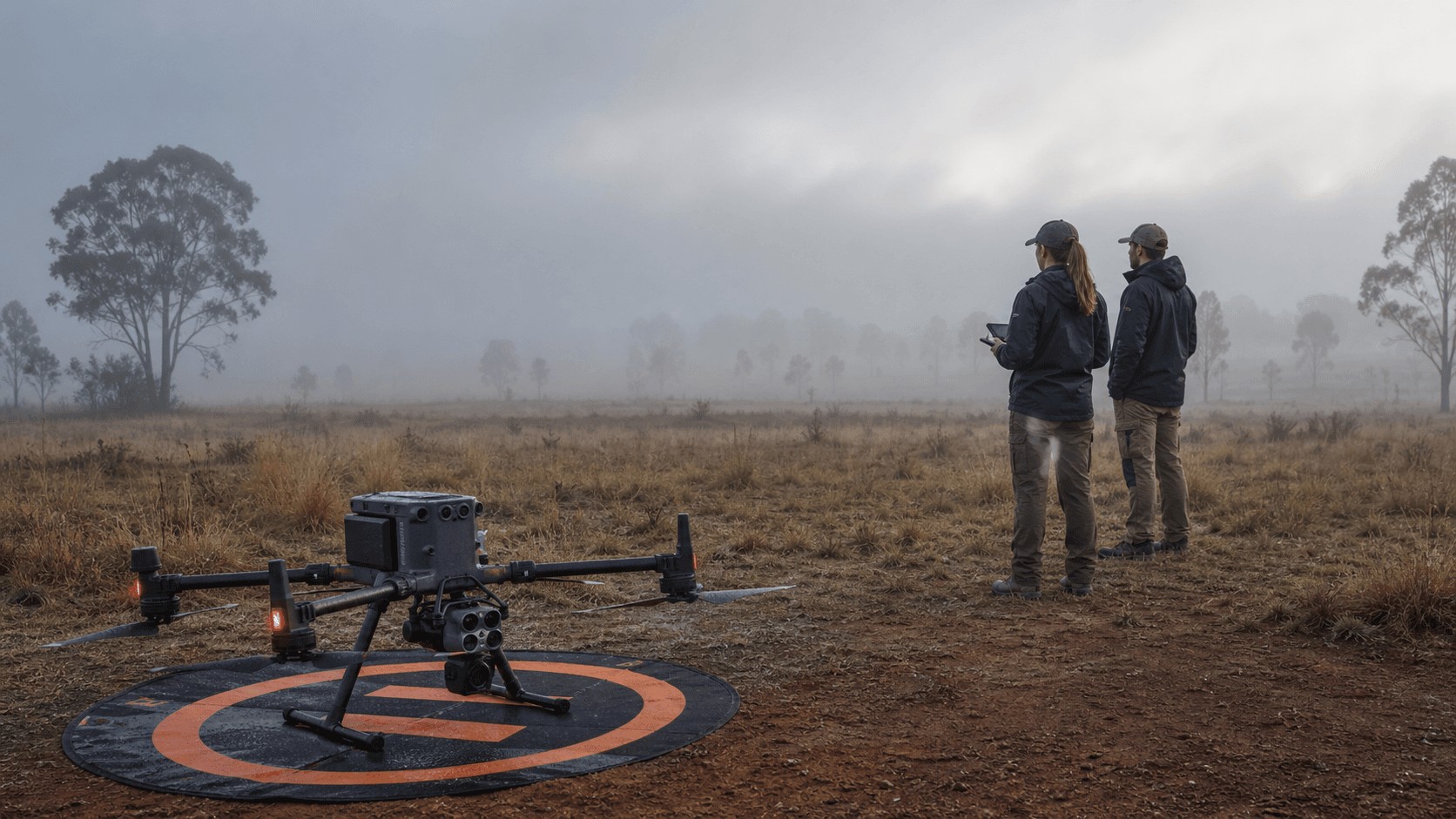 Grounded drone and remote pilot crew waiting in fog and low visibility