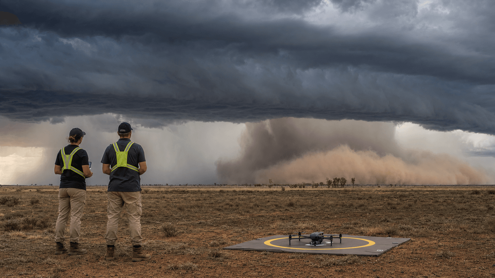 Thunderstorm shelf cloud, rain shaft and dust outflow approaching a grounded drone operation