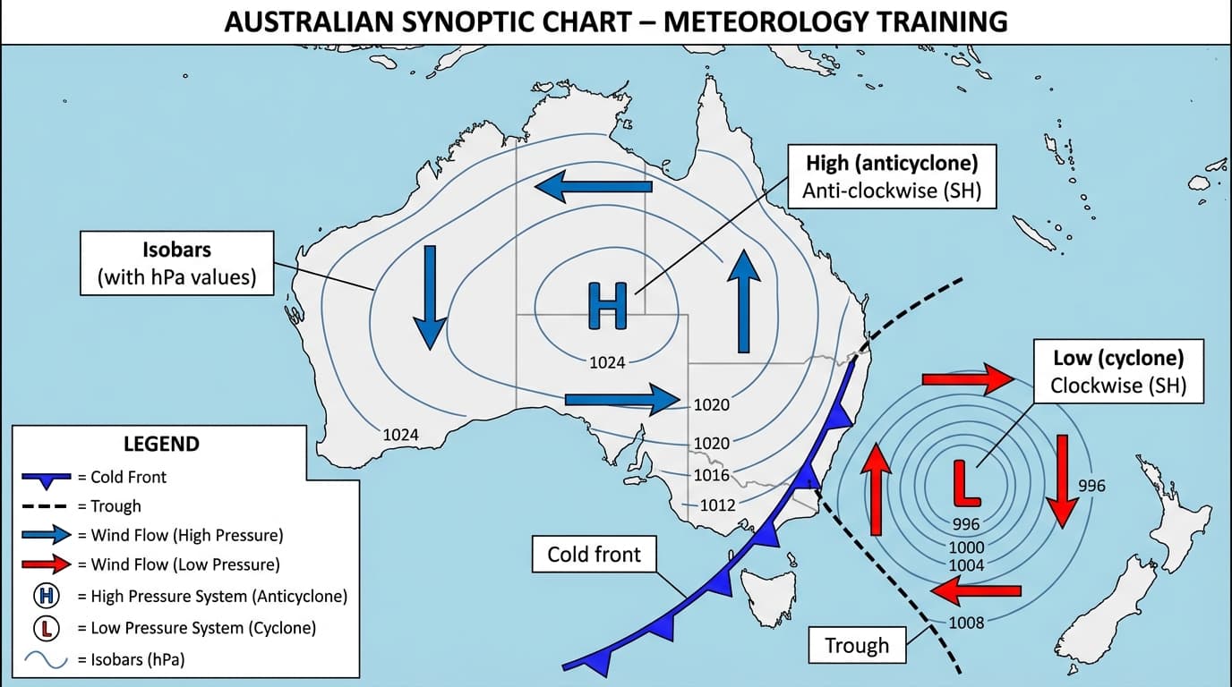 Synoptic weather chart used for aviation meteorology study
