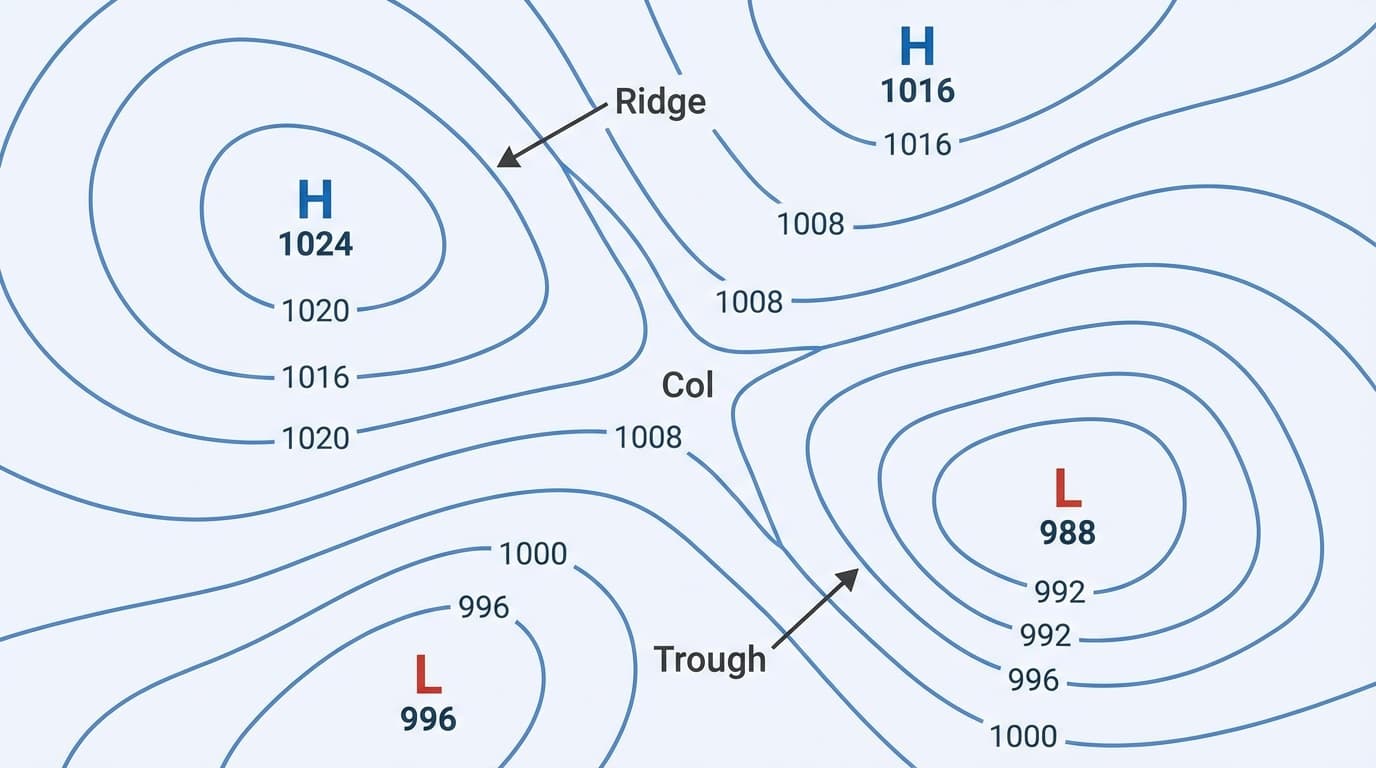 Synoptic chart features showing highs, lows, ridges, troughs and isobars