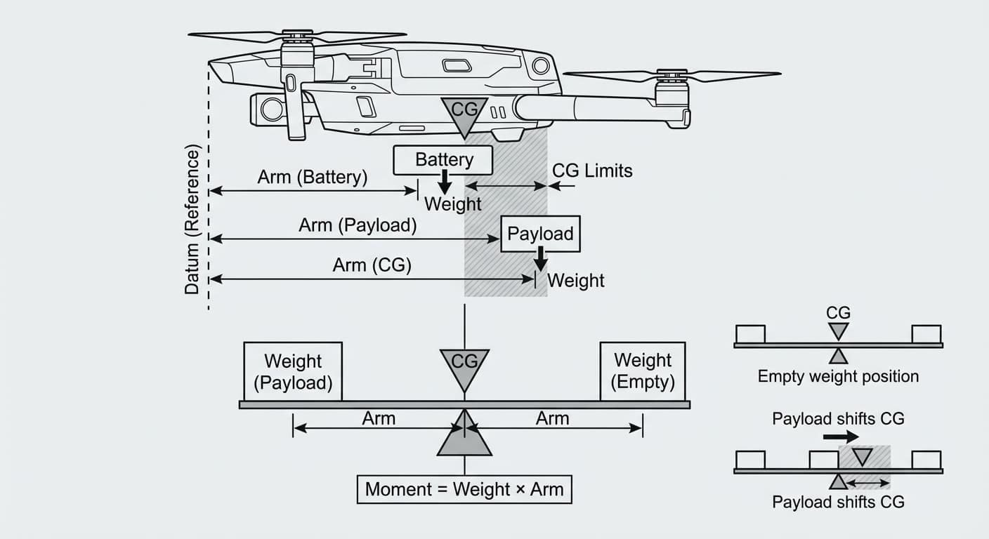 Weight and balance diagram showing centre of gravity and loading