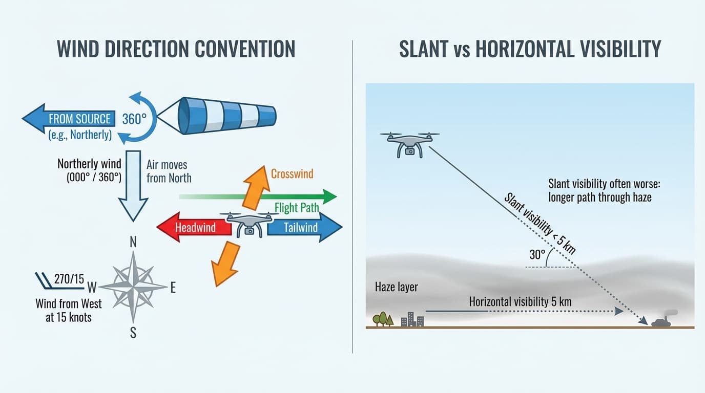 Wind convention and slant visibility diagram for drone operations