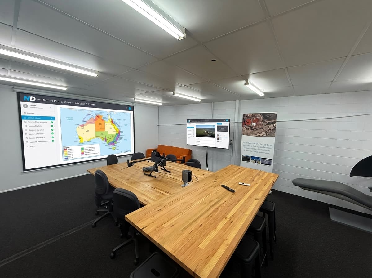 National Drones training room with aviation charts on projector