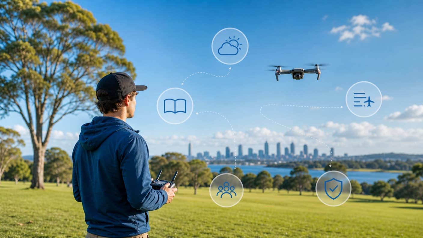 Beginner drone pilot learning safe flying concepts in an open Australian park